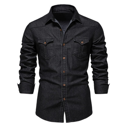 2025 Autumn Cotton Denim Shirts Men Casual Long Sleeve Quality Cowboy Shirt Solid Color Slim Fit Elastic Navy Blue Black Clothes