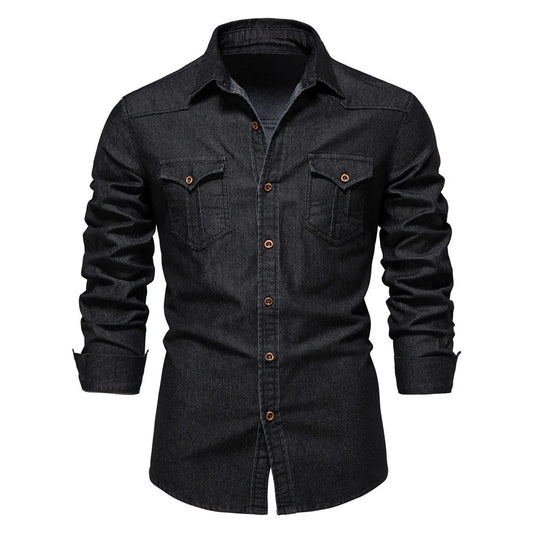 2025 Autumn Cotton Denim Shirts Men Casual Long Sleeve Quality Cowboy Shirt Solid Color Slim Fit Elastic Navy Blue Black Clothes