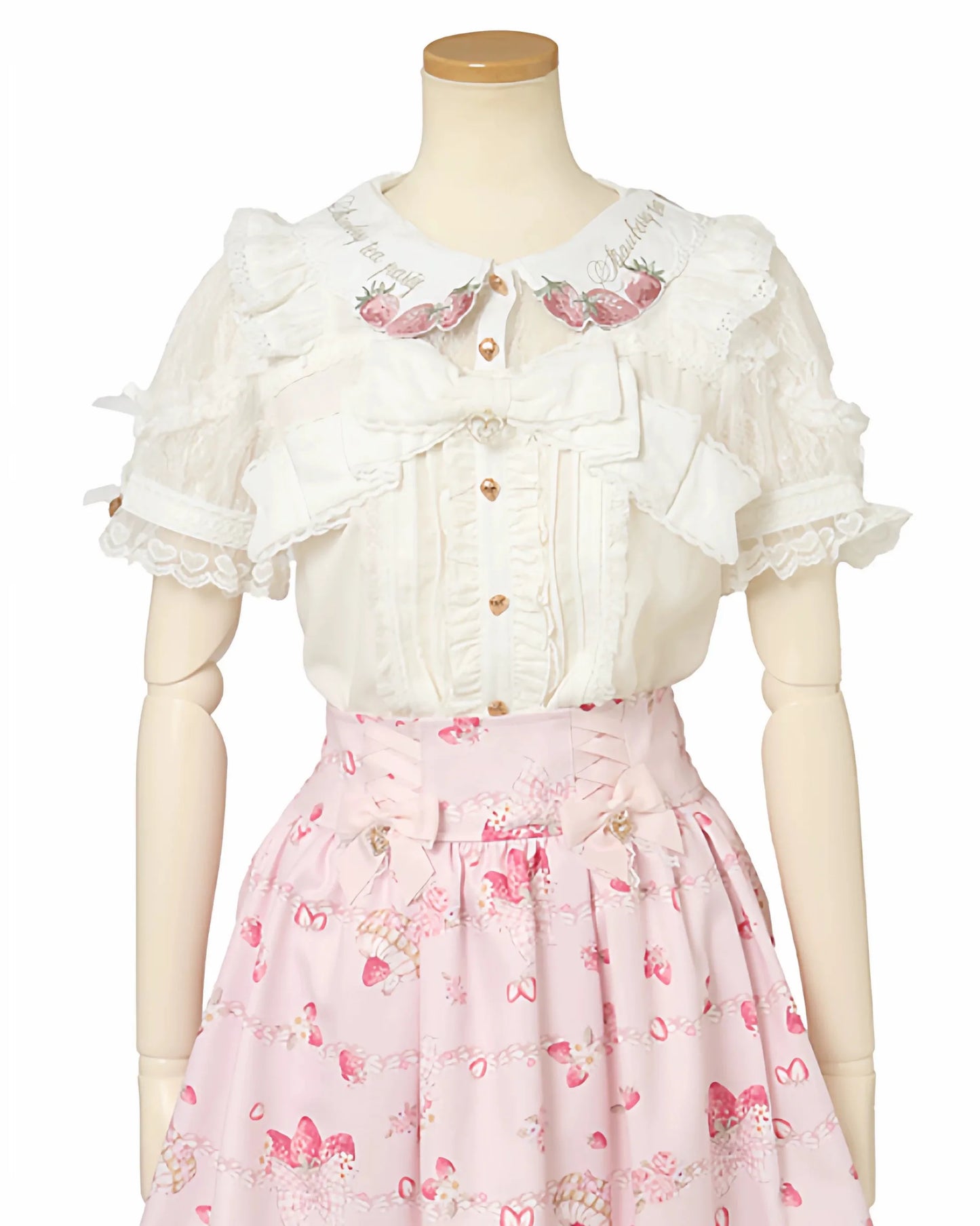 Japanese Mass Produced New Sweet Doll Collar Lolita Strawberry White Shirt Female 2026 Spring Pleated Lace Bow Blouses Top Women
