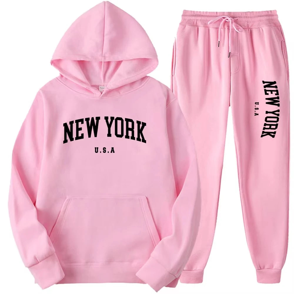 New York Print Hoodies Casual American Style Hoodie Set Mens Autumn Long Sleeves Hooded Loose Pullover Street Sweatshirt