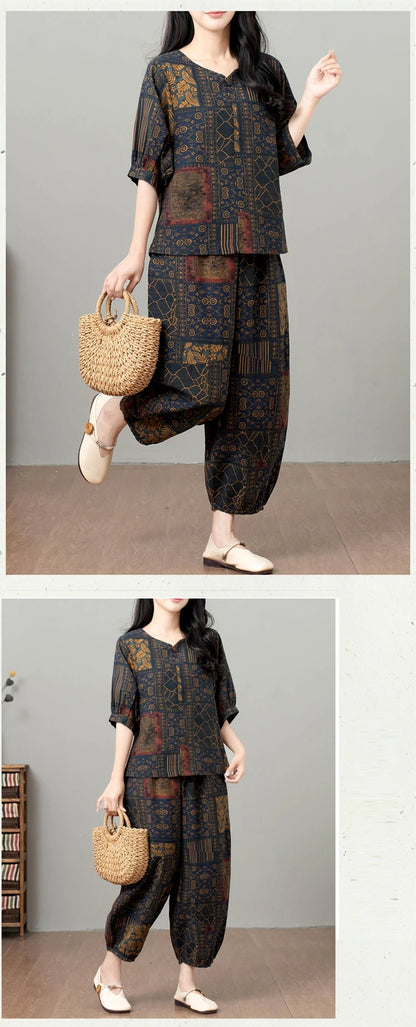 New Summer Floral Print Midi Sleeve Cotton Linen Loose Women's Two-Piece Set Ethnic Style Mom Clothes Comfortable Breathable