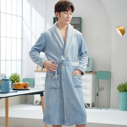Thickened Flannel Sleepwear Coat for Men And Women Warm Winter Coral Velvet Robe Couple Home Clothes Mid-Length Bath Robe