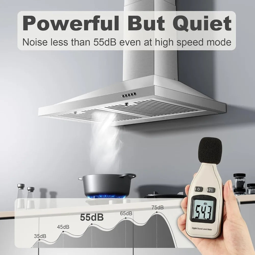30 inch Wall Mount Range Hood, Ducted/Ductless Kitchen Hood, Stainless Steel, Baffle Filters, 3 Speed Fan, Push Button Control, LED Light
