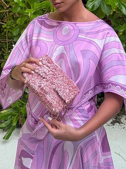 TWOTWINSTYLE Holiday Elegant Printing Two Piece Set for Women O Neck Short Sleeve Top High Waist Maxi Skirt Suit Female Style