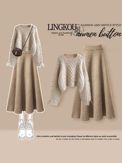 plus Size Autumn Casual Knitted Sweater And High Waist  Skirt Set Women's round Neck Slimming Fashion Two-Piece Ensemble
