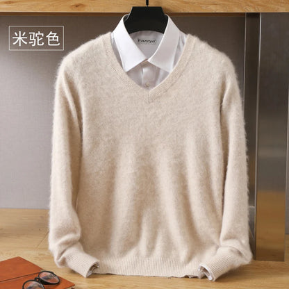 100% Pure Mink Cashmere Sweater Men's V-Neck Pullovers Knit Large Size Mink Sweater Winter New Long Sleeve High-End Jumpers Tops