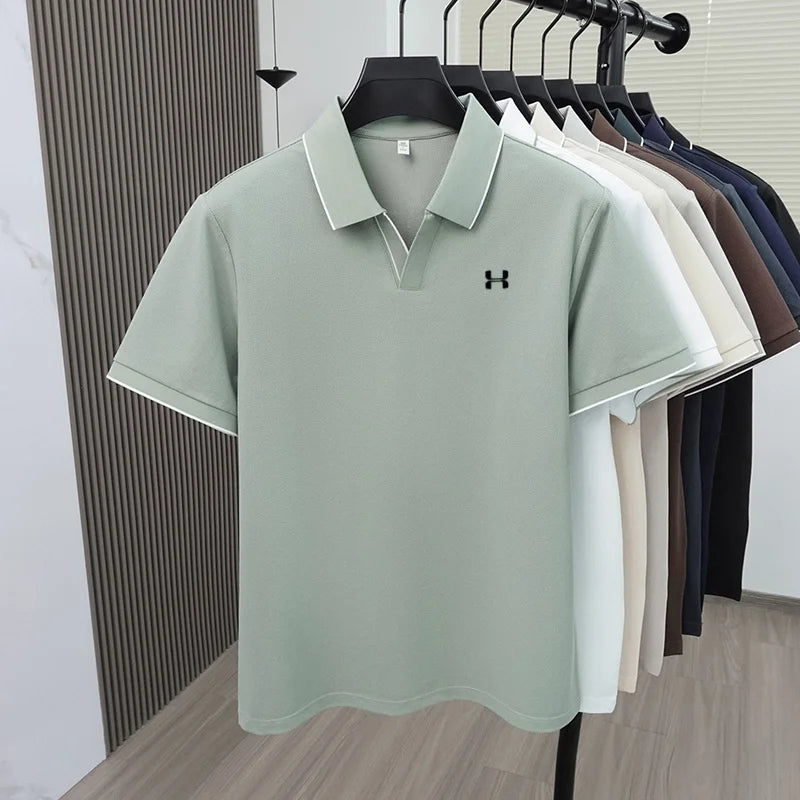 New Summer Men Striped Trim Collar Polo Shirt, Solid Quick Dry Breathable Plain Short Sleeve Top Mens Apparel