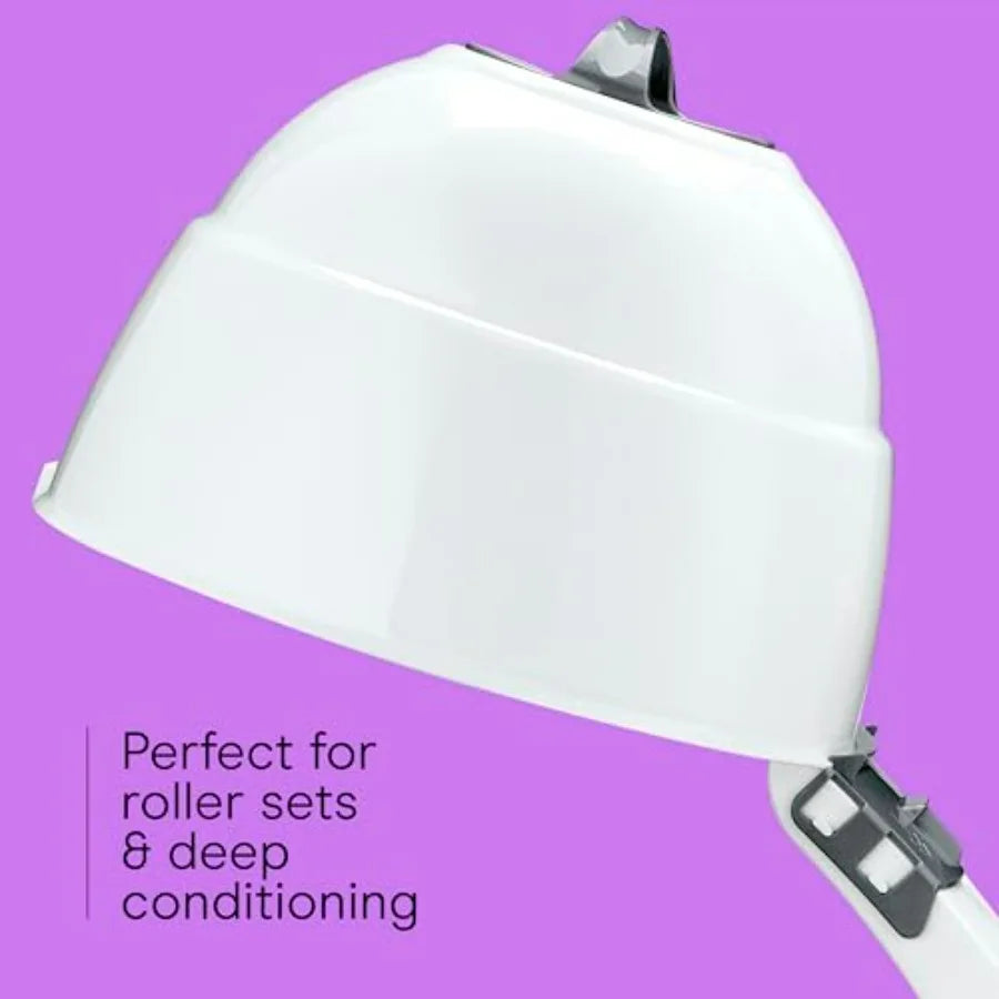 Bonnet hair dryer for salon use, ionic plastic white model with 2 heat settings, adjustable height, extra-large hood, 1875W pow