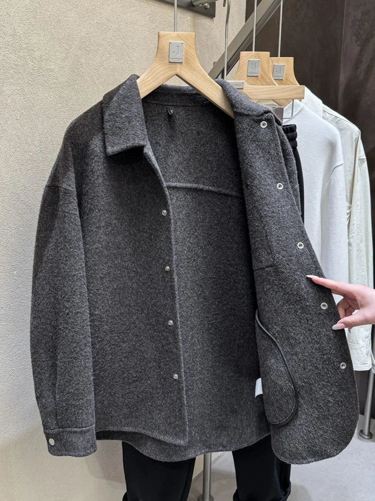 Male Fashion Winter Warm Turn Down Collar Double Sided Jacket Single Breasted Trench Coat Long Sleeves Pocket Loose Fit Overcoat