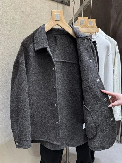 Male Fashion Winter Warm Turn Down Collar Double Sided Jacket Single Breasted Trench Coat Long Sleeves Pocket Loose Fit Overcoat