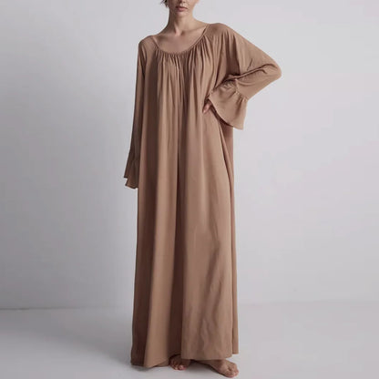 Parc Fee Casual Loose White Women Dress 2025 Elegant U-Neck Long Sleeve Floor-Length Dresses Simple Oversize Solid Female Dress