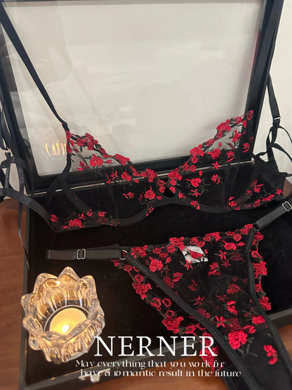 Sweet Sexy Lace Lingerie Set, Floral Embroidery Sheer Mesh, Thin Cooling, Big Bust Relief, Japanese Daily Women Underwear 32-38