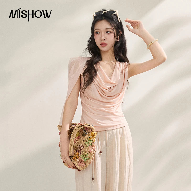 MISHOW Women Draped Cowl Neck Lyocell Knit T-shirt Asymmetrical Chiffon Sash Ruched Tee Casual Slim Fit Summer Tops MXF22T1594
