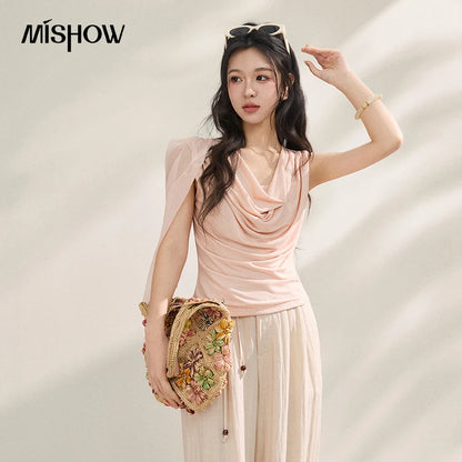 MISHOW Women Draped Cowl Neck Lyocell Knit T-shirt Asymmetrical Chiffon Sash Ruched Tee Casual Slim Fit Summer Tops MXF22T1594