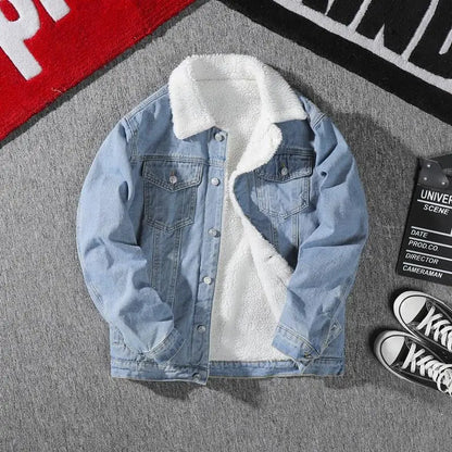 Men's Denim Jacket Fleece Lined Thickened Lamb Fur Collar Cotton Jacket Korean Loose Style Warm Cotton Coat Winter Outerwear
