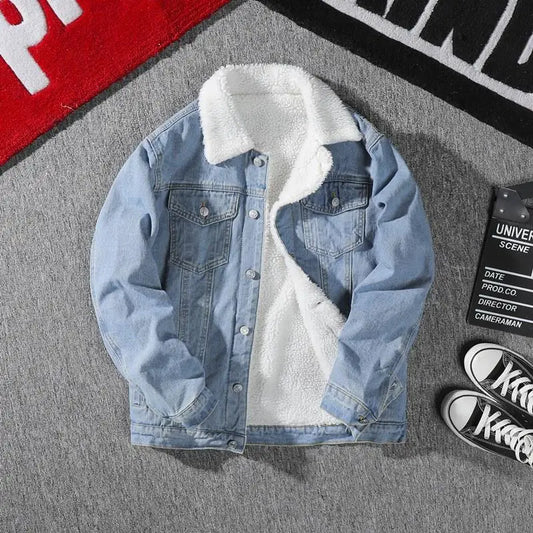 Men's Denim Jacket Fleece Lined Thickened Lamb Fur Collar Cotton Jacket Korean Loose Style Warm Cotton Coat Winter Outerwear