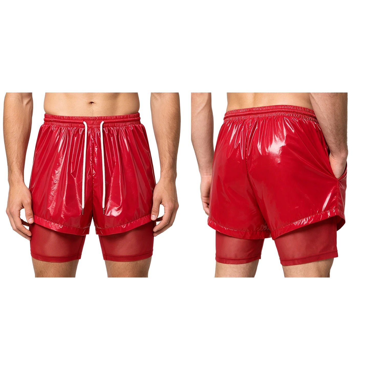 Men Oil Glossy Cargo Shorts Waterproof Elastic Waist Band Multi-pocket Zipper Overalls Capri Pants Dance Clubwear Beach Swimwear