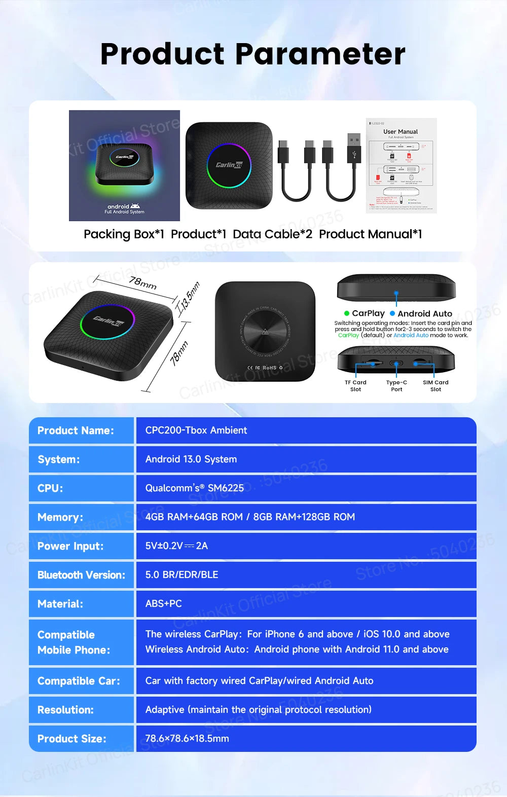 2026 CarlinKit CarPlay AI Box Android 13.0 QCM6225 8-Core Android Auto Wireless CarPlay Adapter 2.4+5GGPS 64G 128G FOTA Upgrade