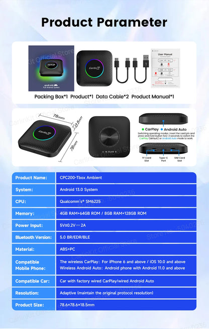 2026 CarlinKit CarPlay AI Box Android 13.0 QCM6225 8-Core Android Auto Wireless CarPlay Adapter 2.4+5GGPS 64G 128G FOTA Upgrade