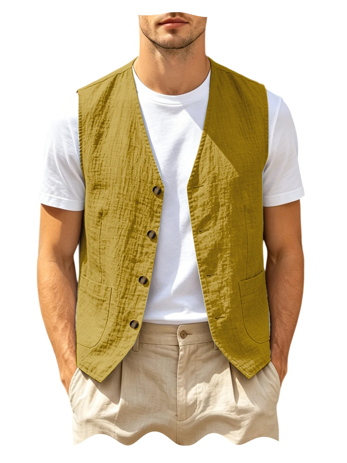 Men's Casual Linen Vest V-Neck Sleeveless Waistcoat Summer Lightweight Breathable Solid Color Button Up Vest For Daily Vacation