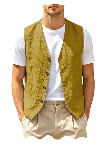 Men's Casual Linen Vest V-Neck Sleeveless Waistcoat Summer Lightweight Breathable Solid Color Button Up Vest For Daily Vacation