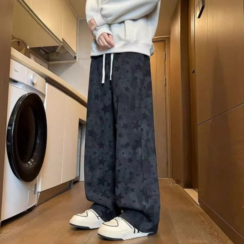 Youth Casual Tie Dye Star Joggers Straight Leg Loose Sports Pants Trendy Oversized Design for Autumn Winter Soft Draping Fabric