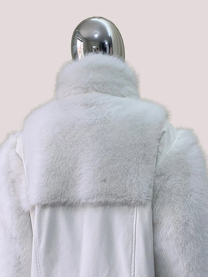 Mauroicardi Autumn Winter Short Thick Warm White Pu Leather Patchwork Faux Fur Coat Men Stand Collar Zip Up Fluffy Jacket 2025