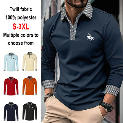 Men's Houndstooth Patchwork Long Sleeve Polo Shirt Classic Casual Business Tops Breathable Lightweight Knitwear for Spring Fall