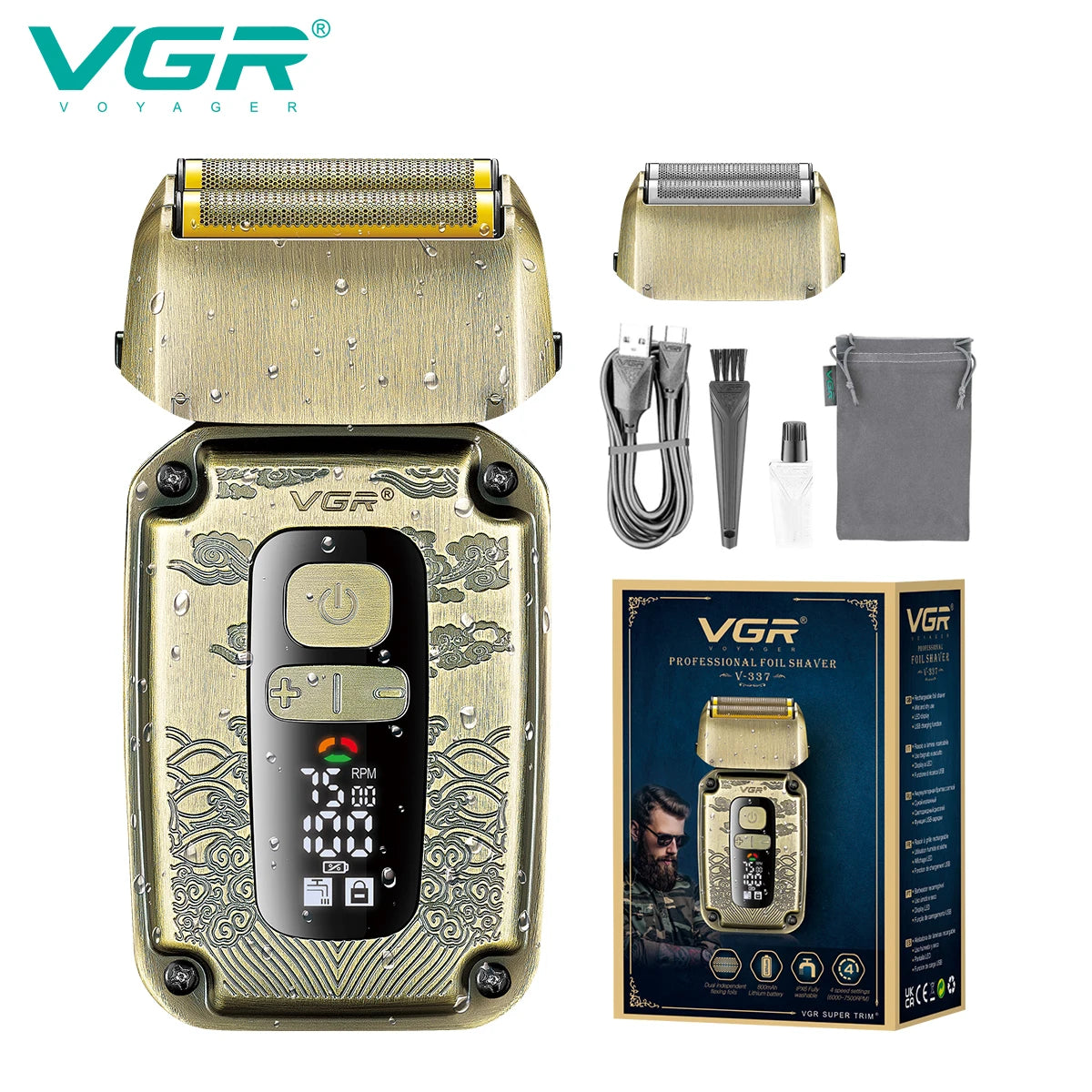 VGR professional high-end hair trimmer set, retro metal electric push shear, home LED intelligent digital hair clipper, shaver