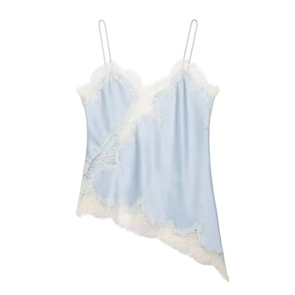 HH Women Elegant Polka Dot Lace Slip Tops Asymmetrical Hem Tanks Camis Summer Lady Sexy Lace Splicing Club Party Tops Camisole