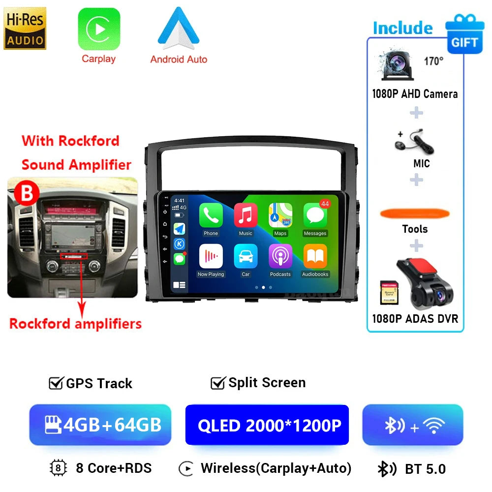 Android 16 QLED Car Radio For Mitsubishi Pajero 4 V80 V90 2006-2024 Autoradio Multimedia Player GPS For Carplay Android Auto bt