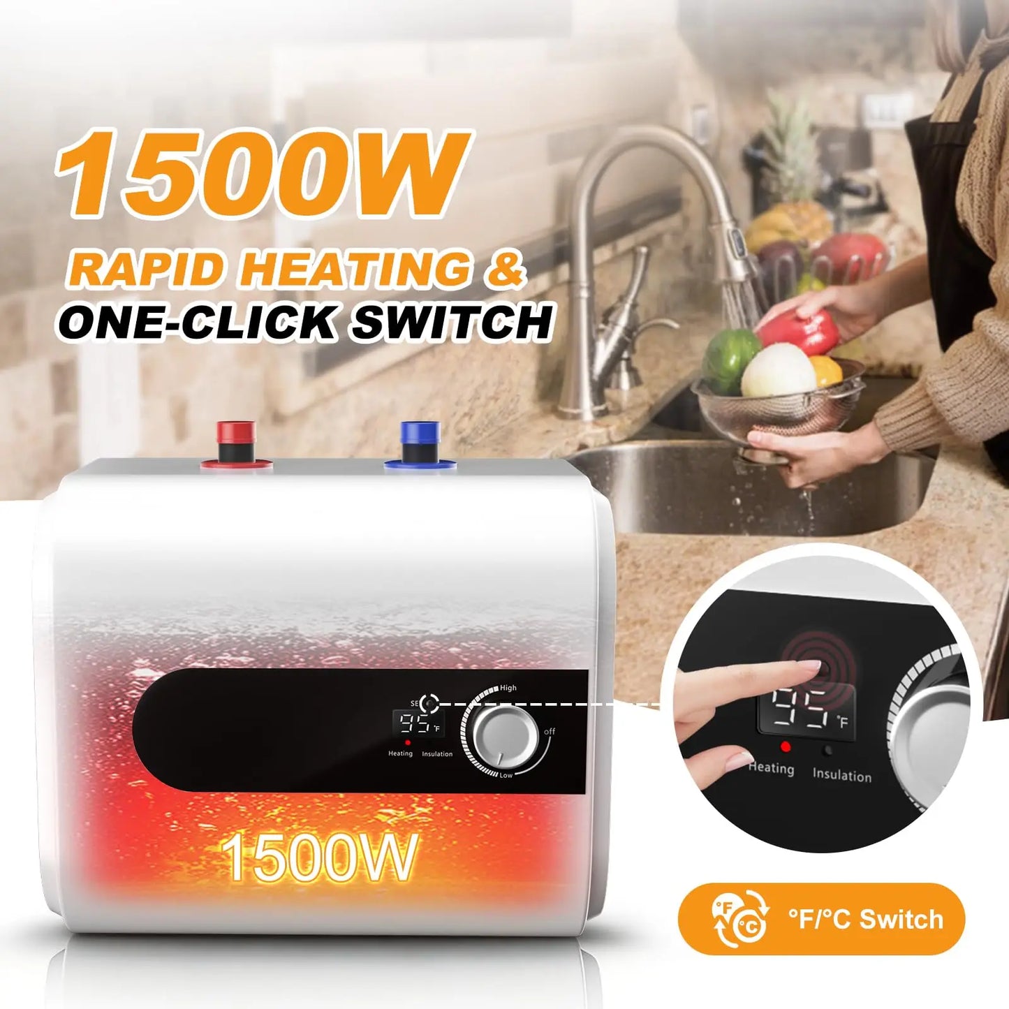 6L/1.6 Gallon Mini Tank Water Heater Electric, 1500W Under Sink Hot Water for Point of Use, 110V Instant Hot Water Heater for Kichen Bathroom Restaurant, Wall or Floor Mounted