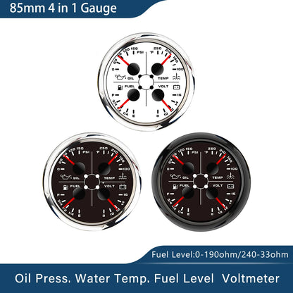 ELING Waterproof 85mm 4 in 1 Gauge Oil Pressure Water Temp Fuel Level Voltmeter with Light Alarm for Car Boat Yacht