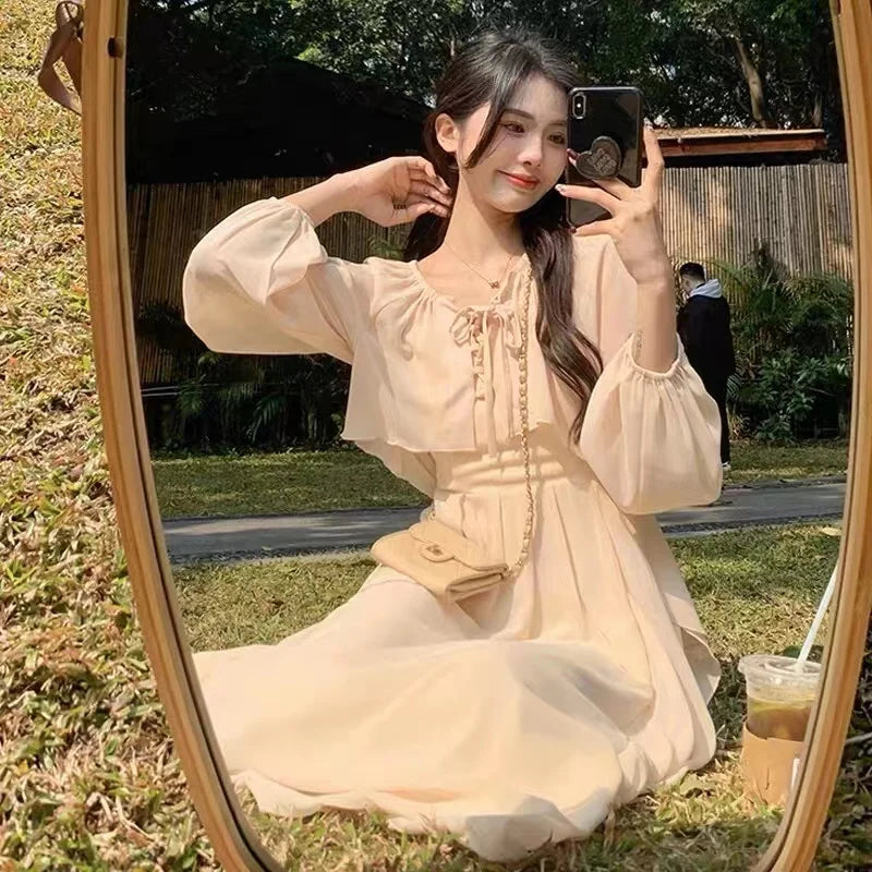 Elegant Spring Autumn off Shoulder Long Dress Women's Loose Fashion Two Piece Set Fairy Forest System V Neck High Waist a Lin...
