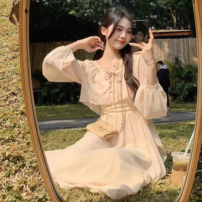 Elegant Spring Autumn off Shoulder Long Dress Women's Loose Fashion Two Piece Set Fairy Forest System V Neck High Waist a Lin...
