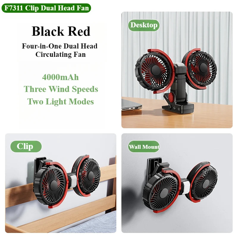 Hipacool Car Clip Dual Head Fan 4000mAh 3-Speeds Two Light Modes USB Rechargeable 360° Rotatable Desktop Cooling Air Fan