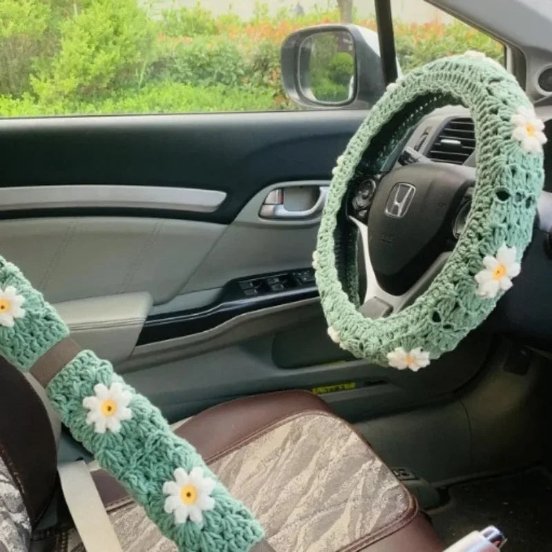 Hand Crocheted Flower Car Steering Wheel Cover Warm Anti Slip Grip Seat Belt Safe Simple Style Winter Auto Decor Accessory