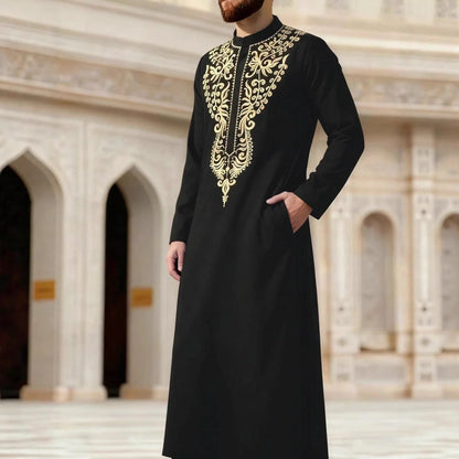 2026 New Ethnic Style Long Sleeve Stand Collar Embroidered Loose Fit Saudi Arabian Men's Robe Ramadan Dubai Luxury Islam Elegant