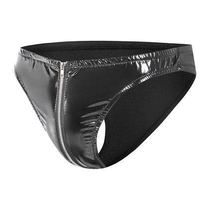 Mens Briefs Solid Underwear Low Waist Underpants Faux Leather Lingerie Ultra Hot Calcinha Thongs Erotic Clubwear Unisex Panties
