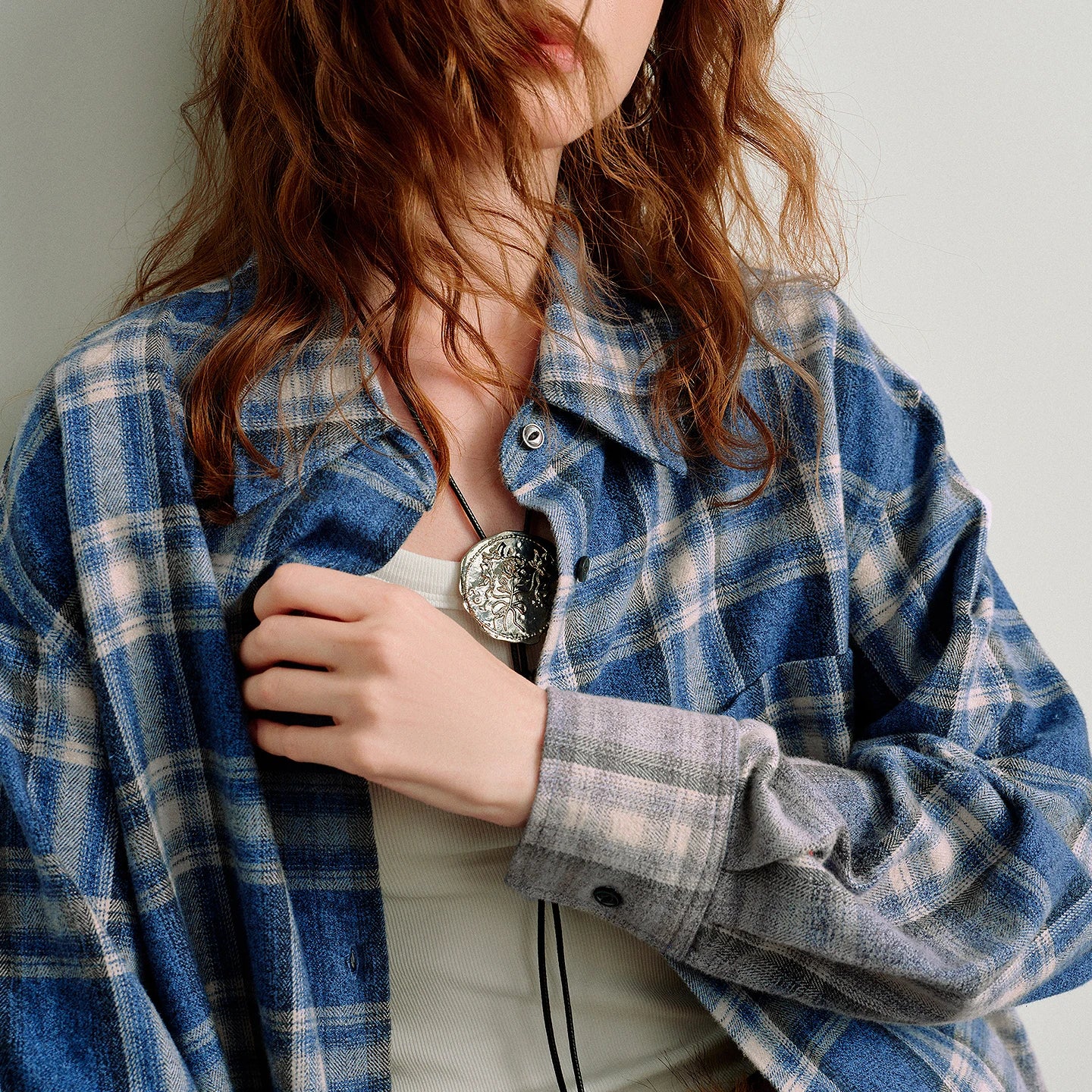 TOYOUTH Women Brushed Shirts 2026 Spring New Mid-Length Gradient Blue-White Plaid Loose Blouses