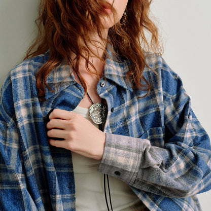 TOYOUTH Women Brushed Shirts 2026 Spring New Mid-Length Gradient Blue-White Plaid Loose Blouses