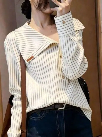 Elegant Unique Stylish Spring 2026 Casual Shirt Design Sensation  Personality Long Sleeve Striped Navy Collar Loose Fit