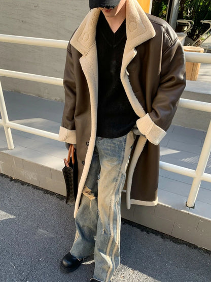 Luxury Brand Trend Winter Warmth Men Leather Trench Coat Fur Lined Long Overcoat Thick Single-Breasted Faux Fur PU Leather Coat