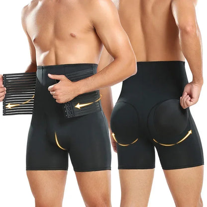 Men High Waisted Tummy Control Panties Waist Trainer Belt Cincher Corset Padded Panties Thigh Breathable Underwear Body Shaper