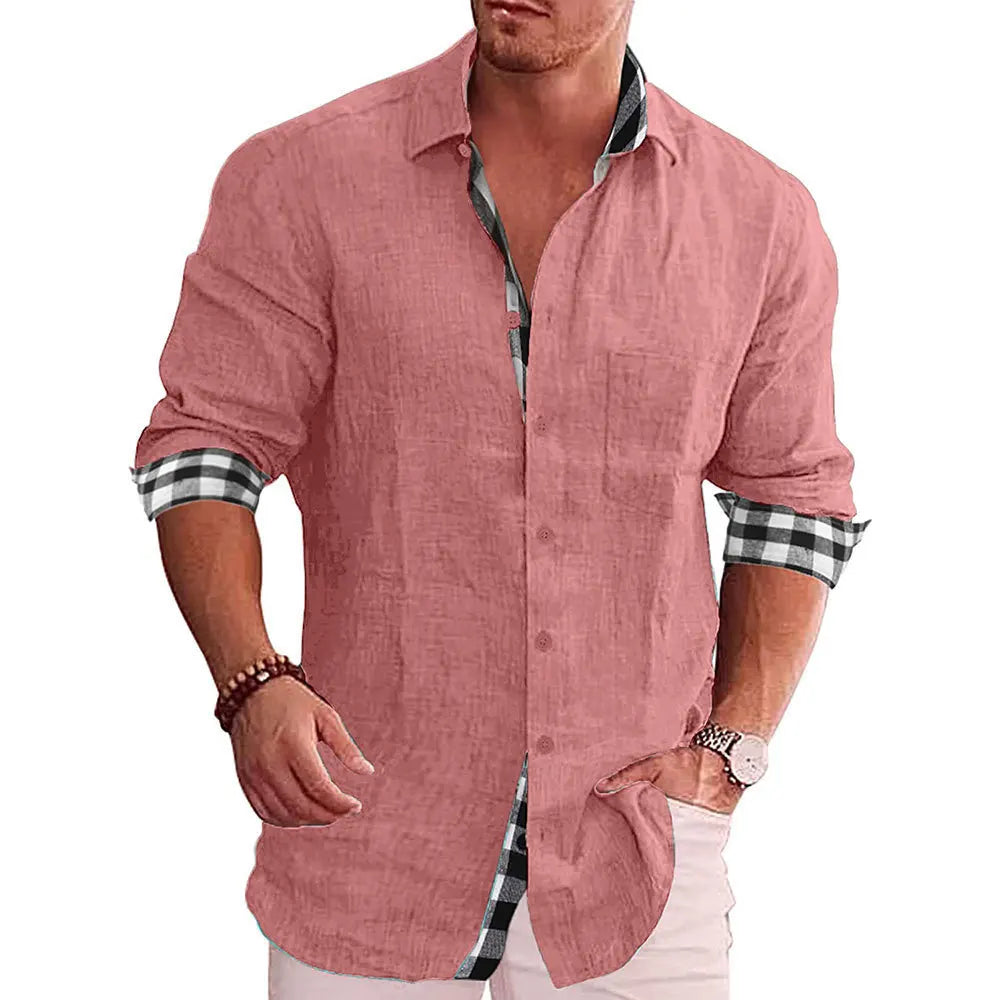 Men's Casual Long Sleeve Cotton Linen Shirt with Checkered Cuff and Pocket Design - Comfortable, Breathable, Plus Size Available
