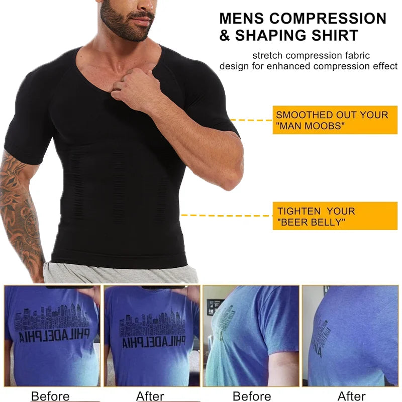 2PCS Men's Body Shaper Tummy Control Vest Slimming Shirt Compression Base Layer Slim Muscle Short Sleeve Breathable Shapewear