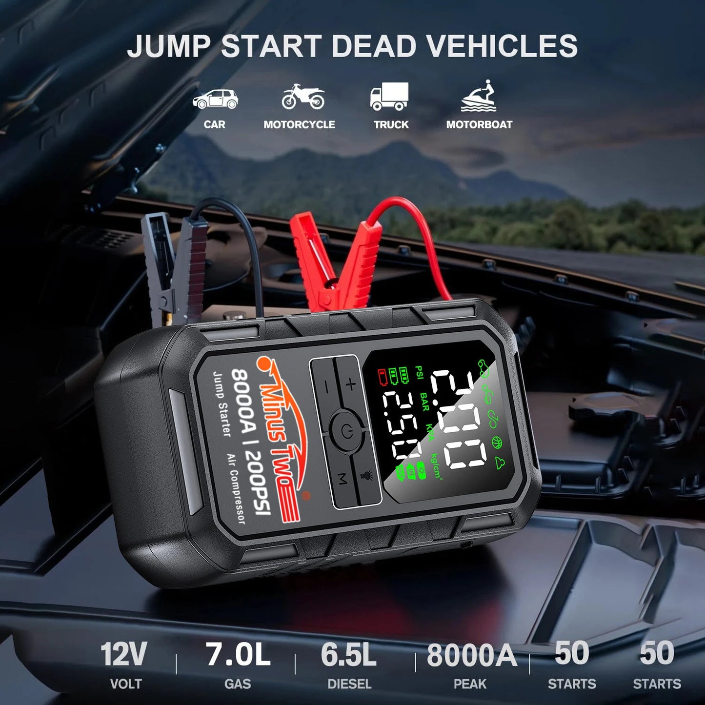4-IN-1 Car Jump Starter with Air Compressor Peak 2000A Auto Battery Booster 150PSI Air Pump Portable Power Bank Tire Inflator