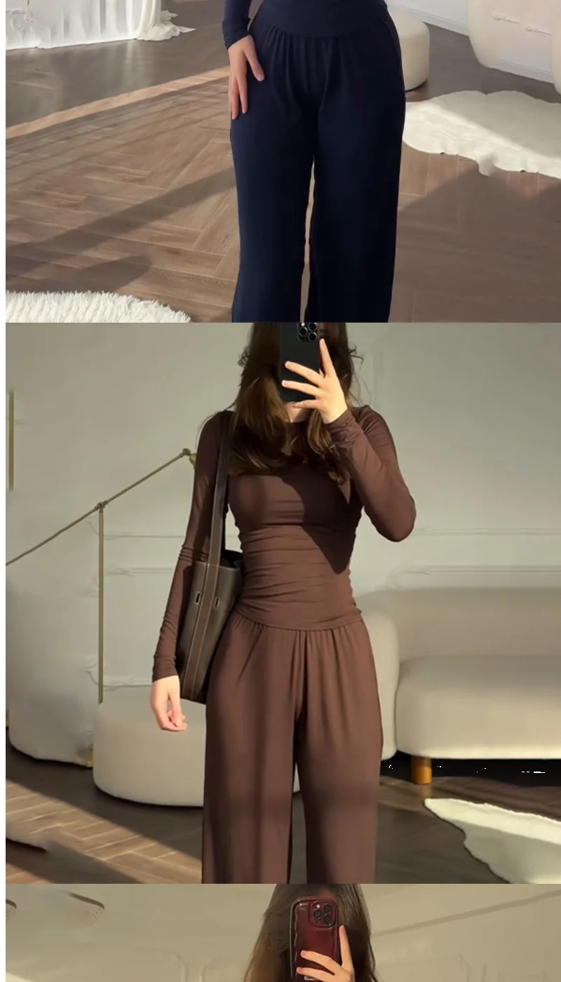Women's Fashionable round Neck Long Sleeve Elastic Waist Pants Set Casual Style Two-Piece Suit Autumn Collection Trendy Outfit
