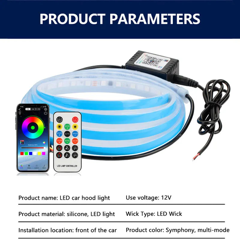 LED Car Hood Symphony Light Strip Daytime Running Light APP Remote Control RGB Led Colorful Auto Decorative Atmosphere Light 12V