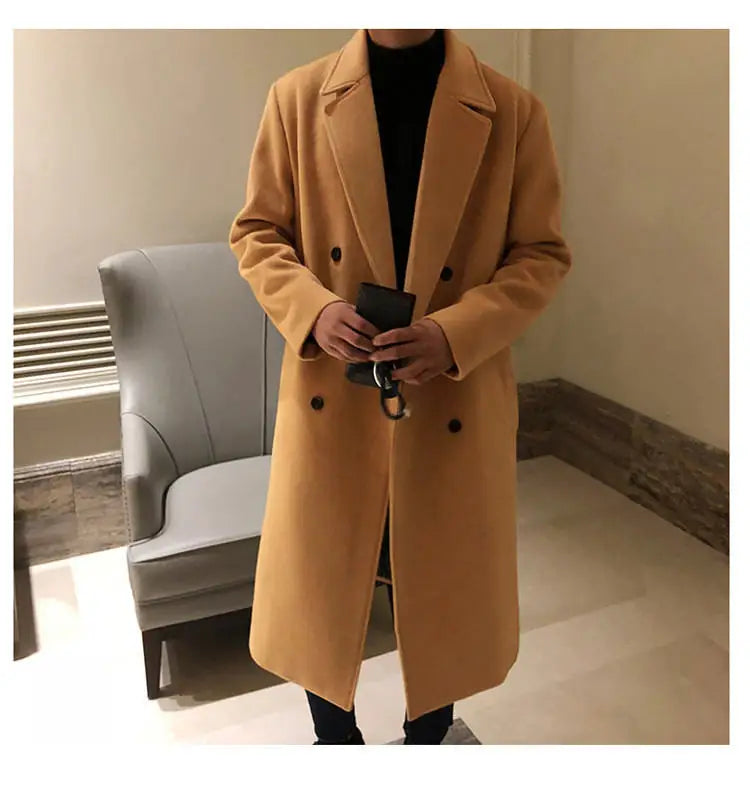 Casual Turn-down Collar Men's Woolen Jackets Outerwear Autumn Winter Mens Fashion Double-breasted Long Coat Men Cardigans